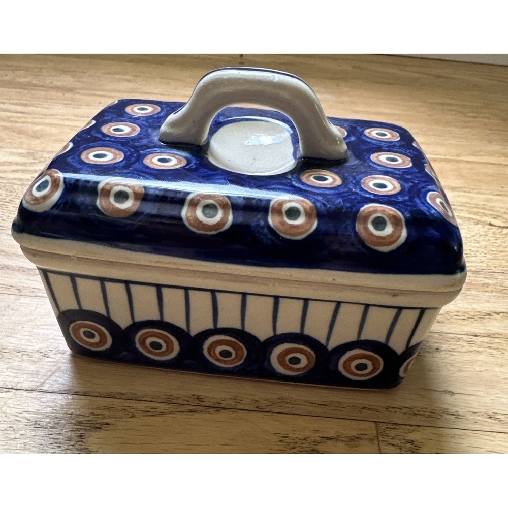 W. Sonoma Lidded Butter Dish Polish Pottery Vintage Peacock Eye Retired Blue